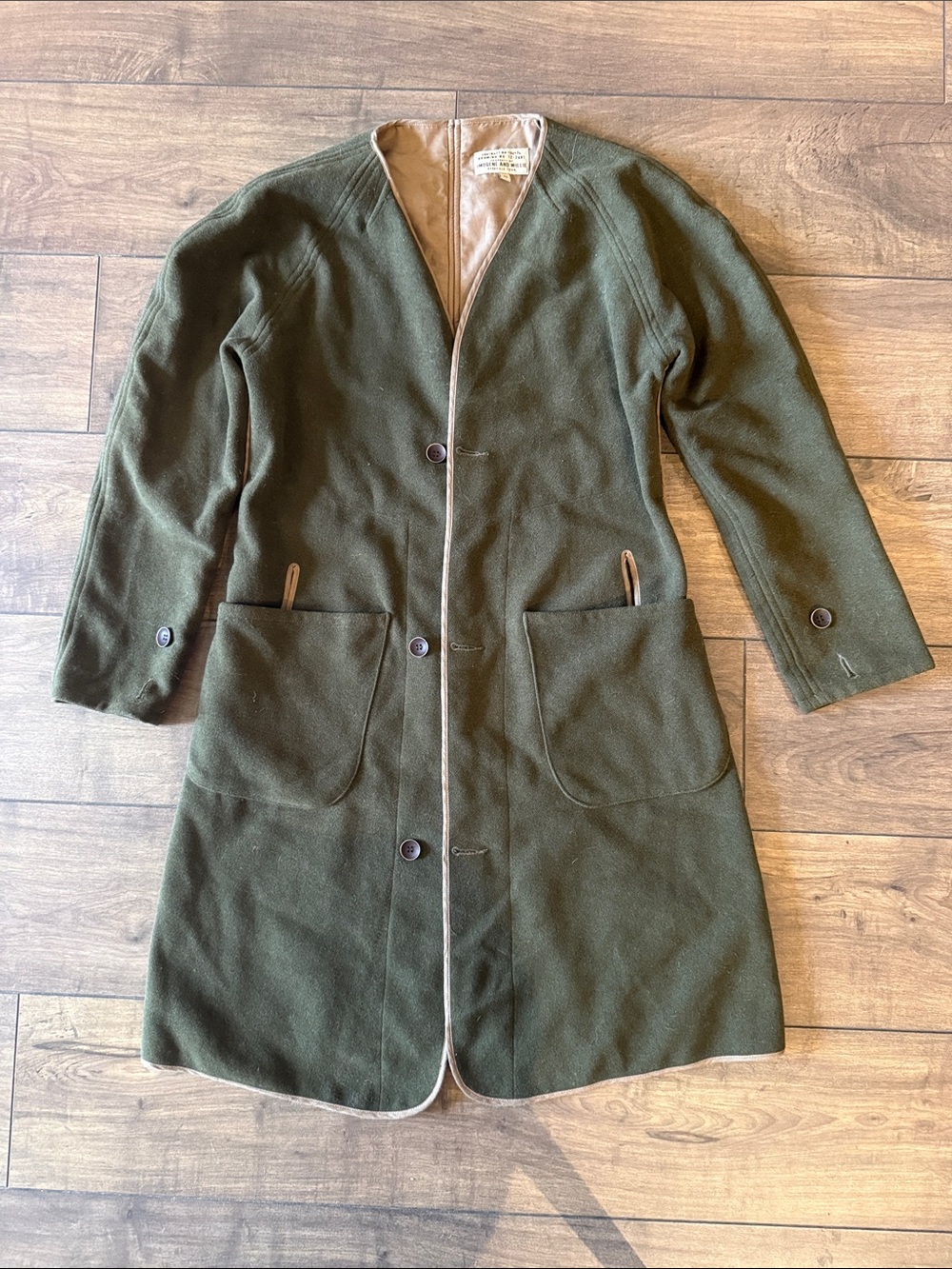 imogene + willie Olive Green Collarless Wool Trench Coat